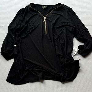 JM Collection Black Long Sleeve V-Neck Top with Gold Zip